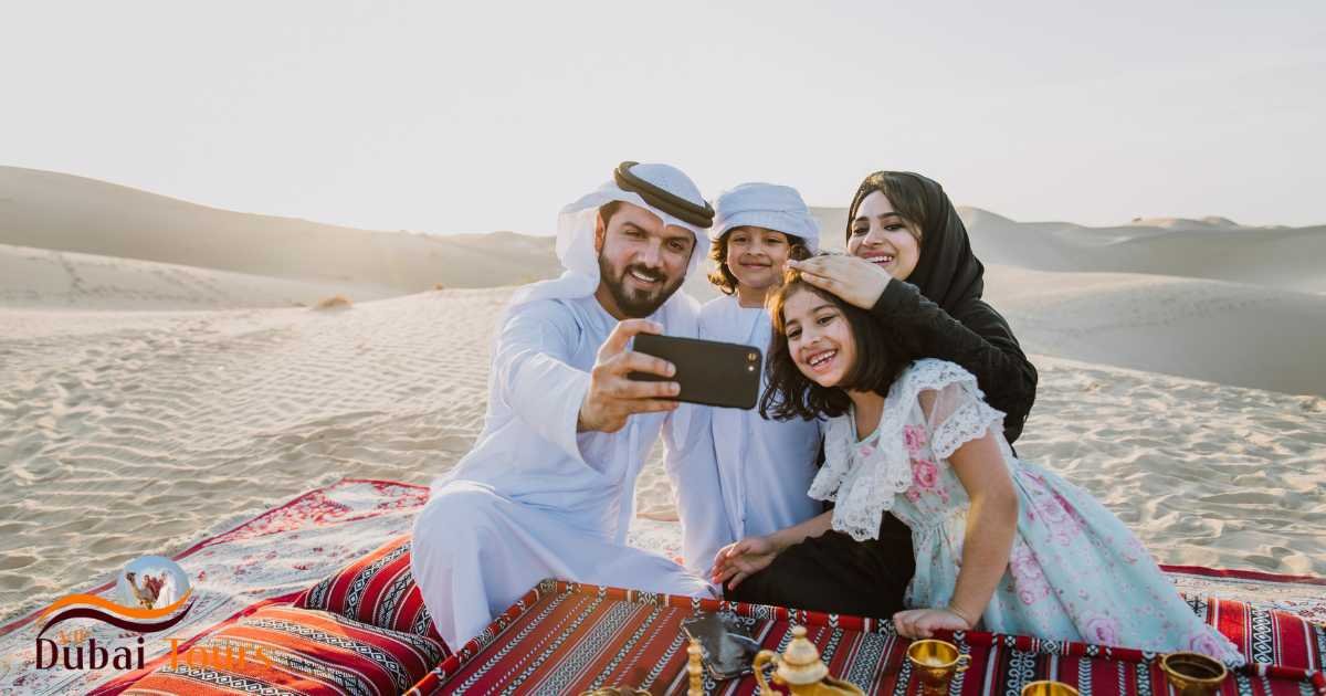 Private Morning desert safari in lehbab desert family taking selfie
