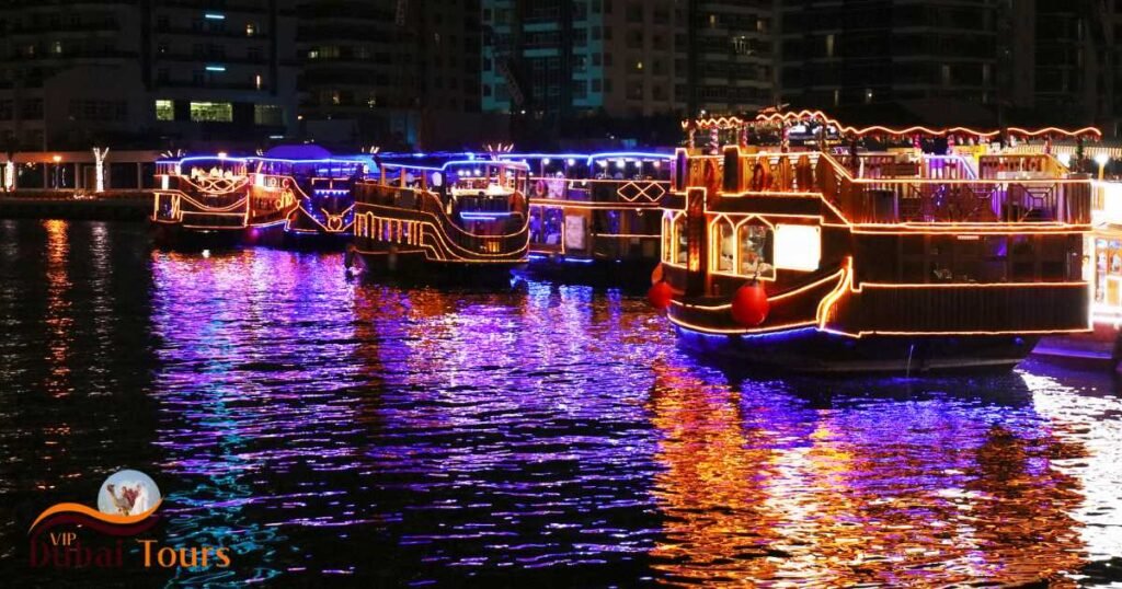 dhow cruise marina in night view with colorful lights